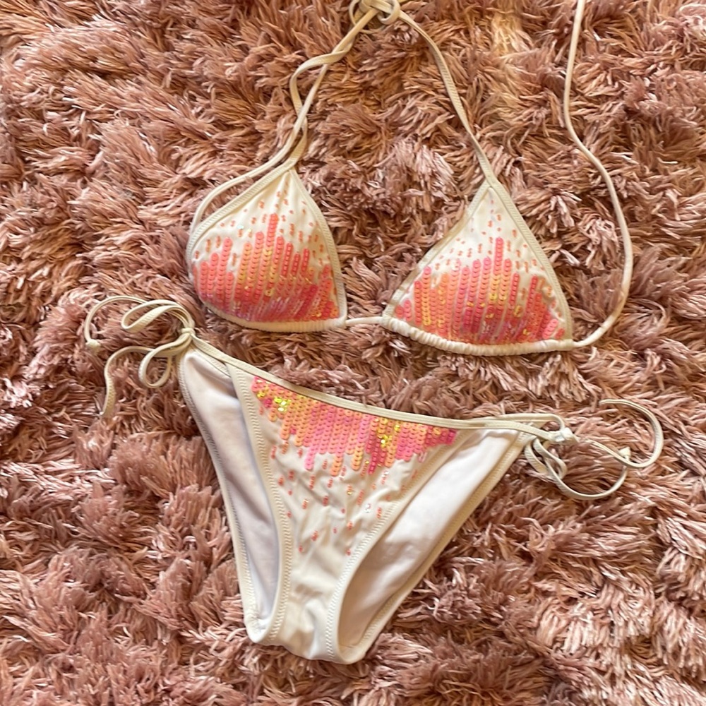 Perfect condition Victoria’s Secret white and pink sequin bikini, top and bottom